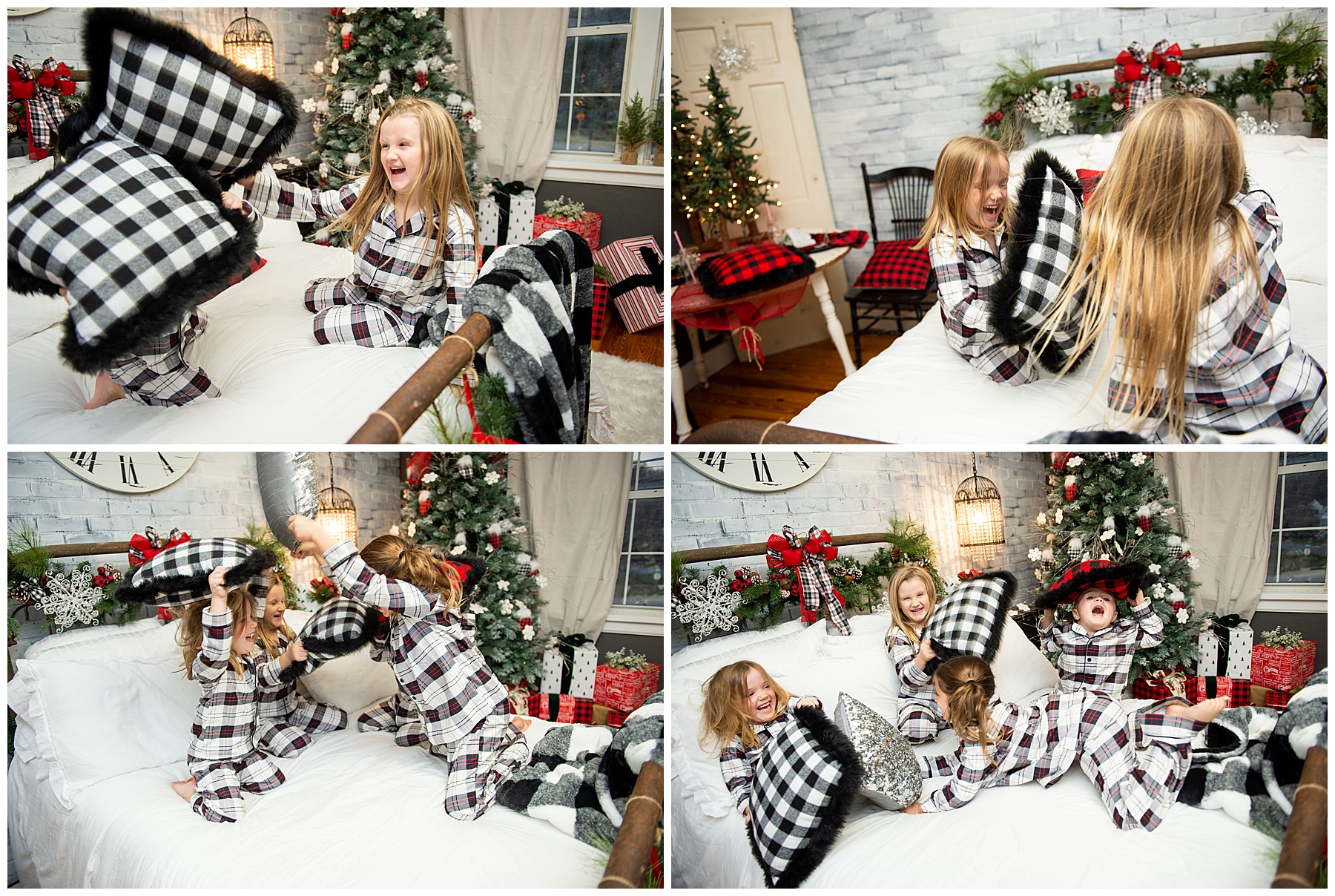 Children having a pillow fight during Christmas family session in Knoxville TN