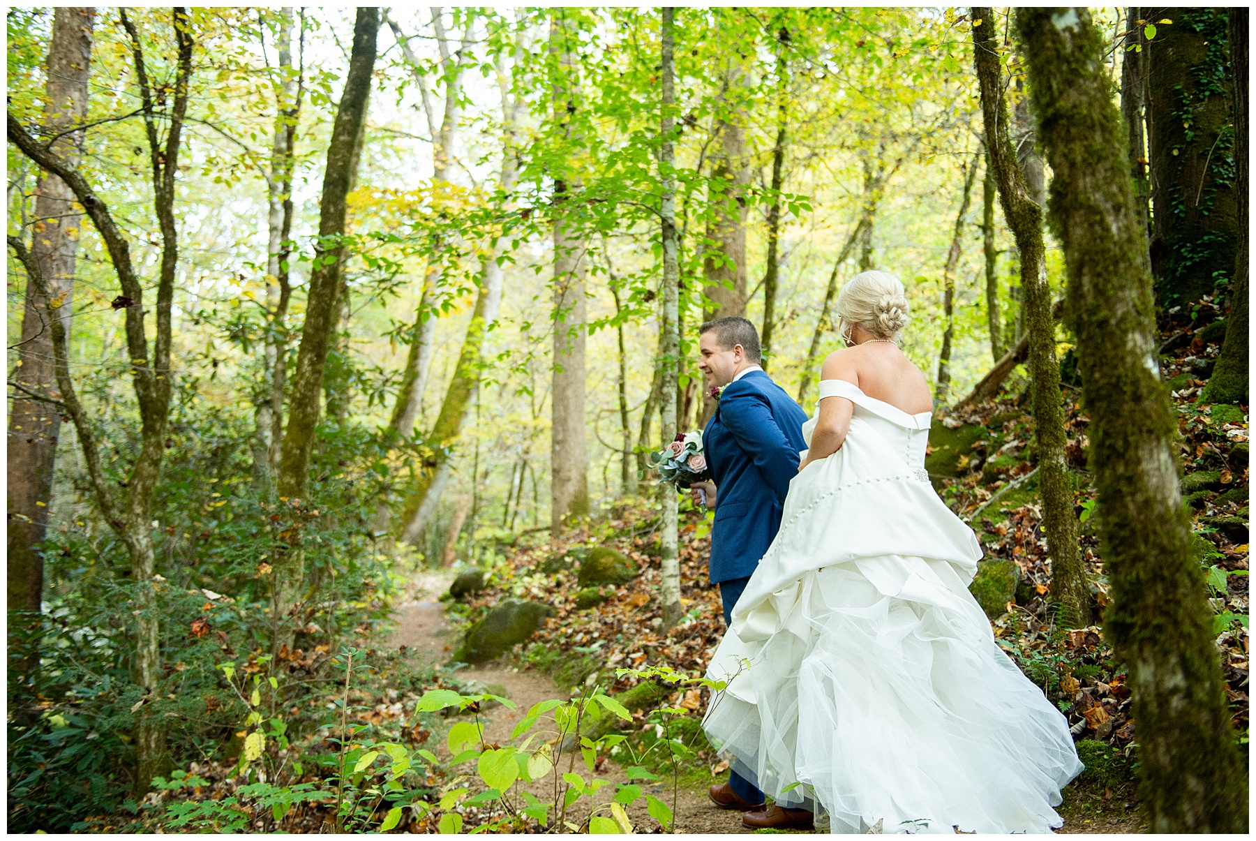 bride and groom running off together in national park elopement 