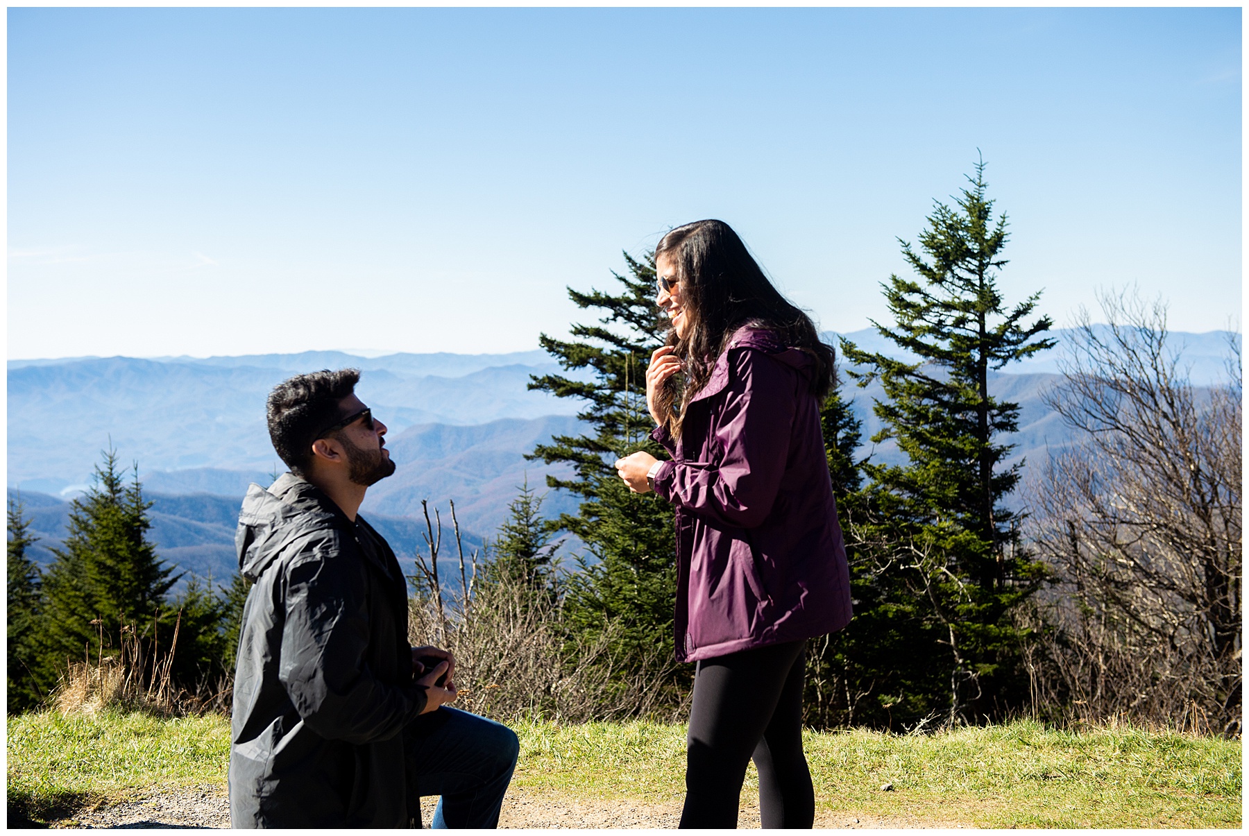Man proposing to woman during surprise proposal in Great Smoky Mountain National Park