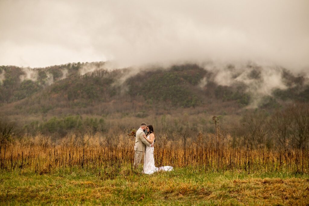 fog over mountains in Cades Cove elope in the smoky mountains