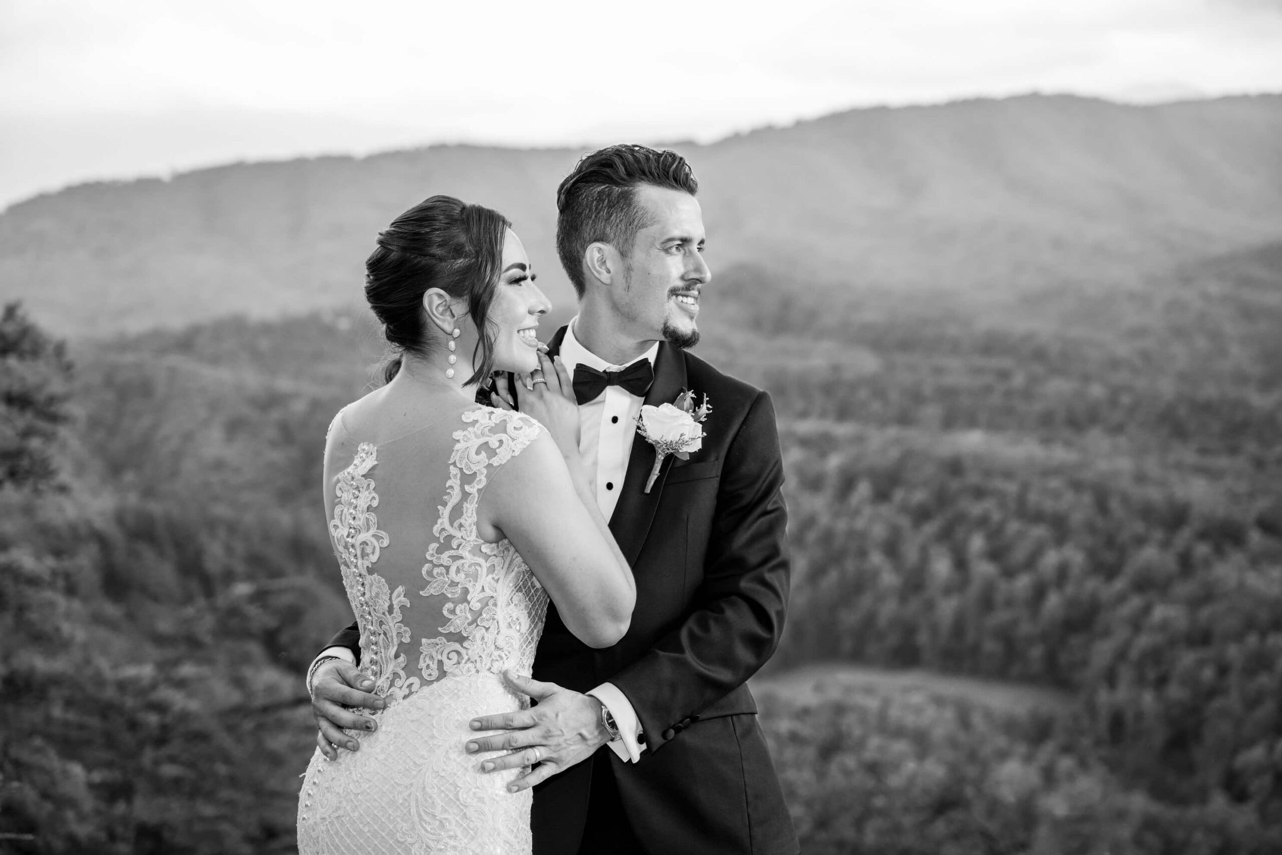 Black and white portrait of a bride and groom at their wedding in The Smoky Mountains National Park by wedding photographer Tonya Damron Photography